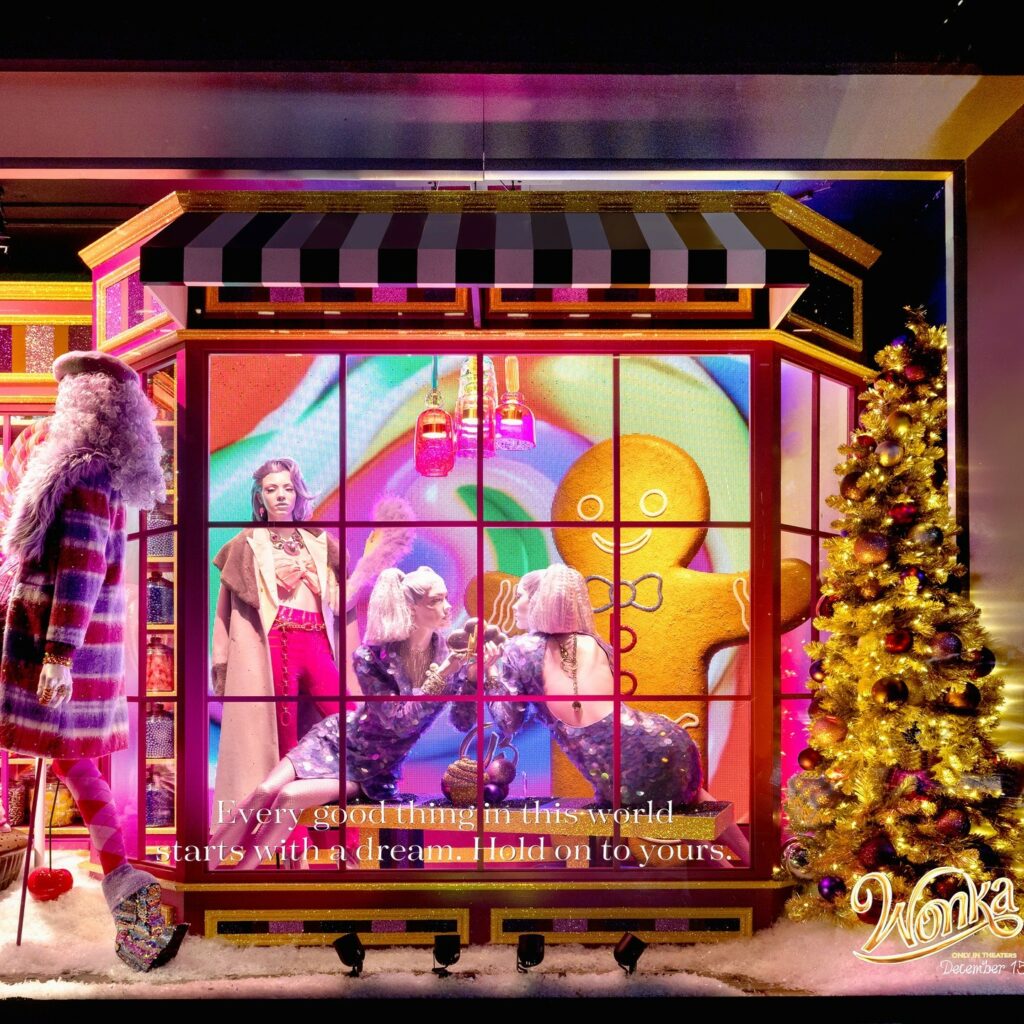 Window dressing based on Wonka with sweet elements and bright colors.